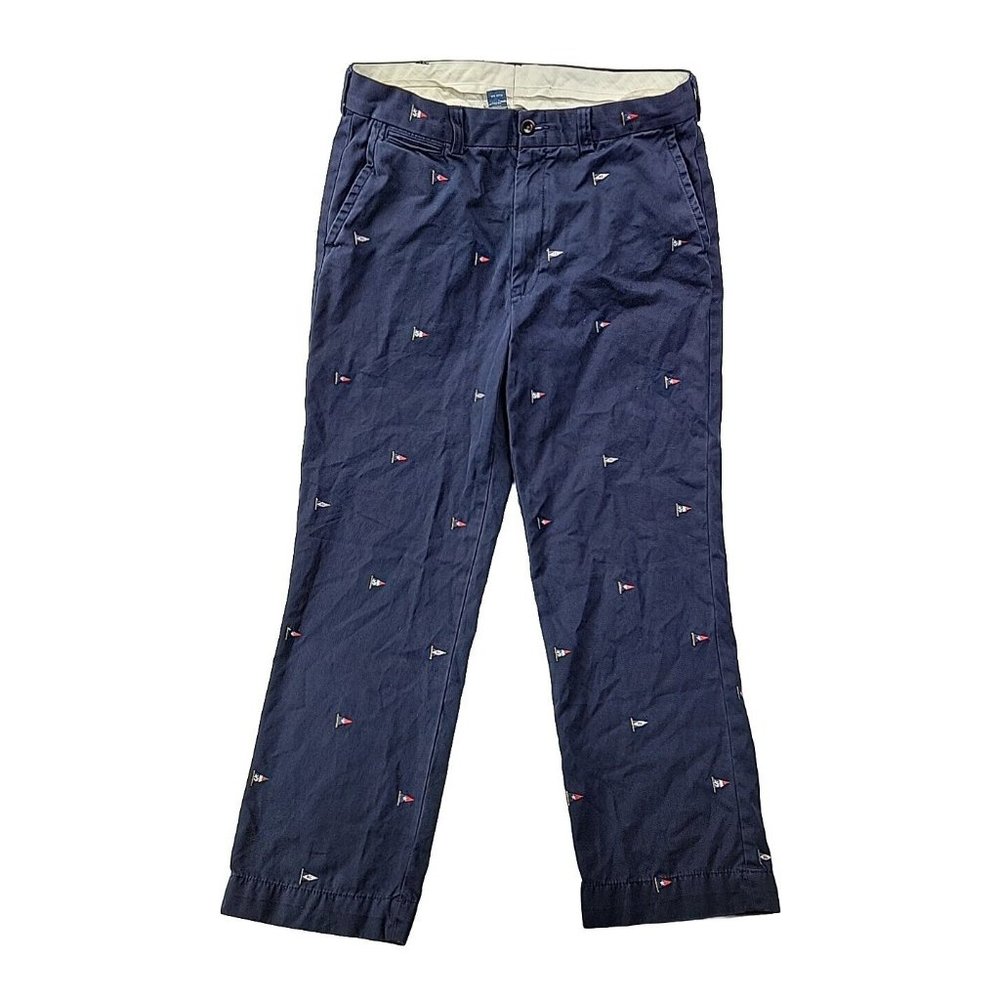 Polo Ralph Lauren Men 35/30 Navy Chino Pants Nautical Flag Trousers Pockets Golf